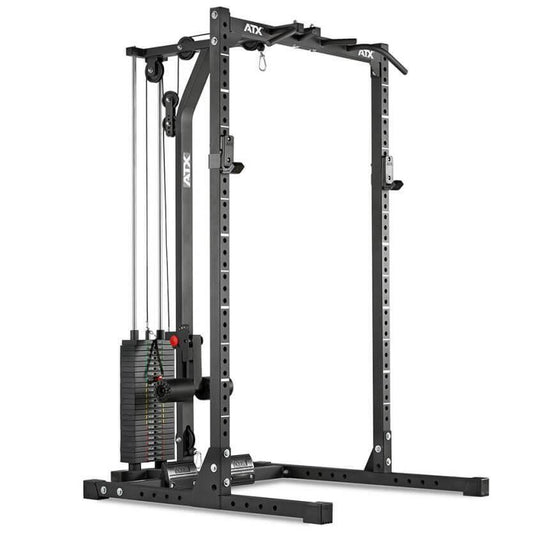 ATX® Half Rack 620 – stație multifuncțională cu helcometru, scripete cu stivă de greutăți, capacitate maximă 400 kg, înălțime 214 cm