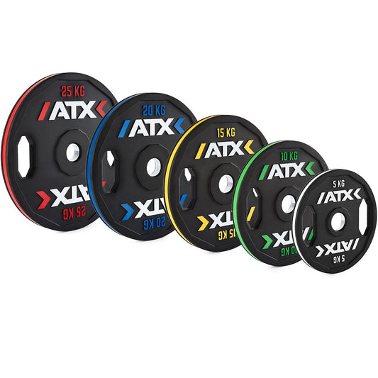 Disc ATX® din cauciuc natural, cu dungi colorate și două puncte de prindere, 50 mm, de la 5 până la 25 kg
