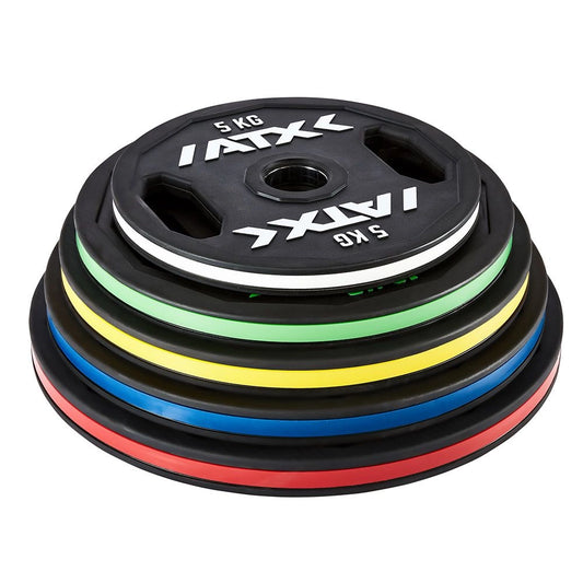 Disc ATX® din cauciuc natural, cu dungi colorate și două puncte de prindere, 50 mm, de la 5 până la 25 kg