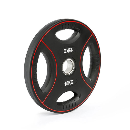Disc olimpic din poliuretan, 4 mânere de prindere, Ø 50 mm, negru/roșu 1.25 - 25 kg