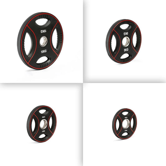 Disc olimpic din poliuretan, 4 mânere de prindere, Ø 50 mm, negru/roșu 1.25 - 25 kg